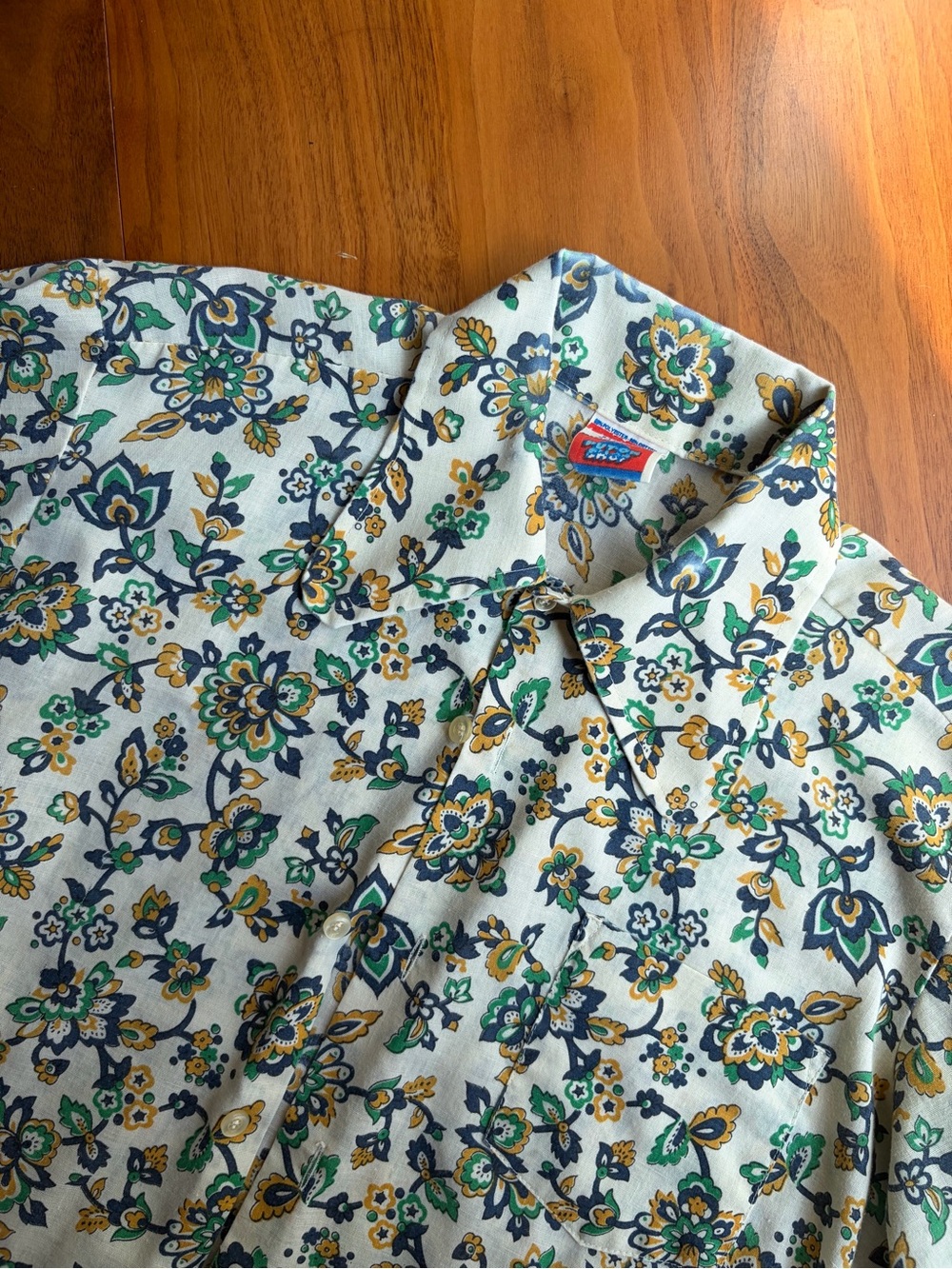 Vintage 70s Sears Perma-Prest Floral Button Up Shirt Boys 20 Neck 14.5 Green